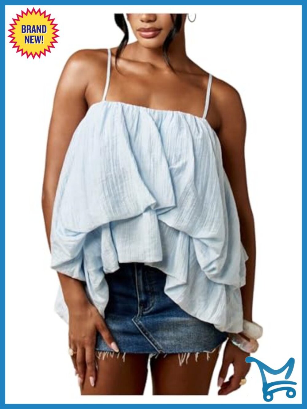 Bubble Hem Camisole Ruffle Layered Spaghetti Strap Cute Cami Top - Picture 1 of 4